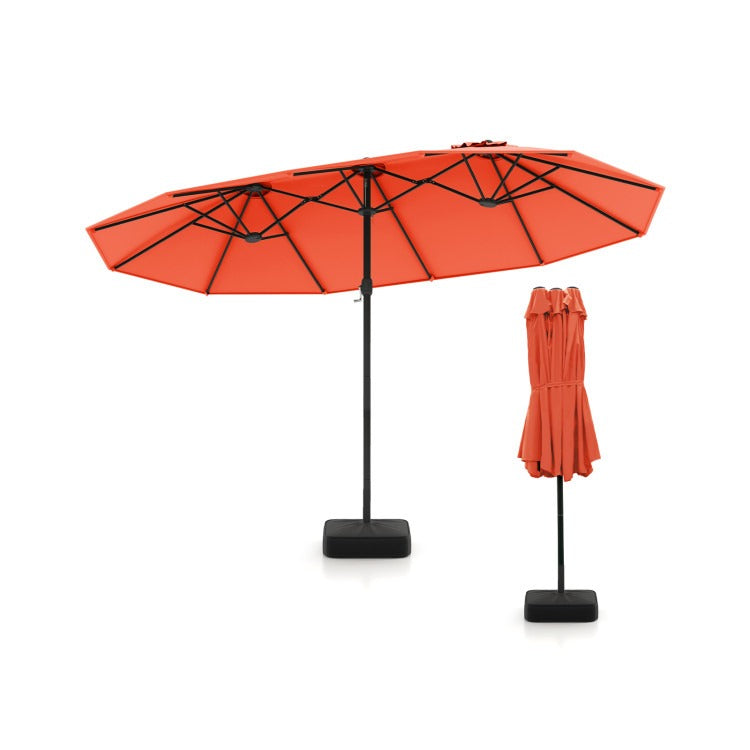 15/13FT Twin Patio Double-Sided Umbrella 48 Solar LED Lights Crank Outdoor