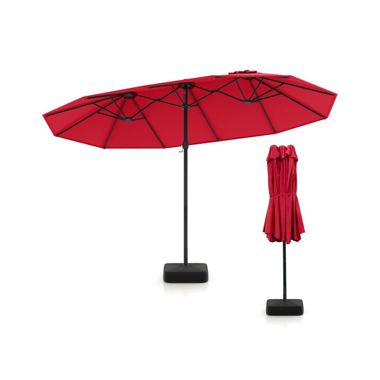 15/13FT Twin Patio Double-Sided Umbrella 48 Solar LED Lights Crank Outdoor