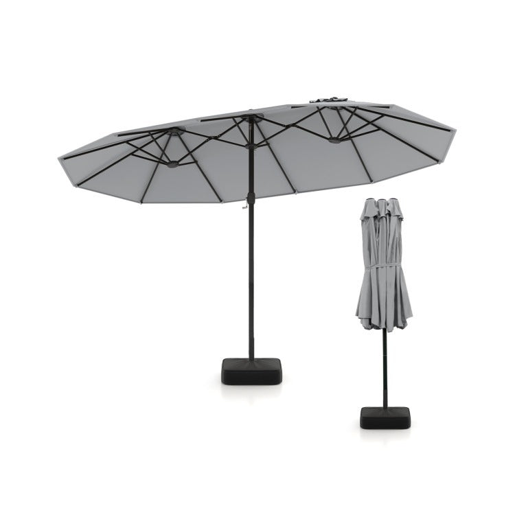 15/13FT Twin Patio Double-Sided Umbrella 48 Solar LED Lights Crank Outdoor