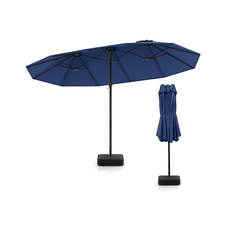 15/13FT Twin Patio Double-Sided Umbrella 48 Solar LED Lights Crank Outdoor