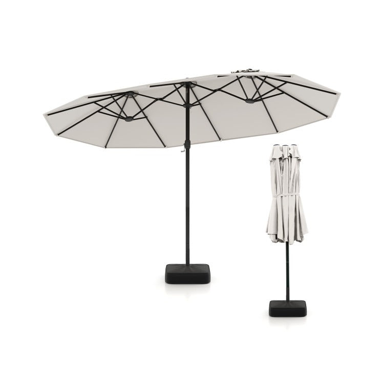 15/13FT Twin Patio Double-Sided Umbrella 48 Solar LED Lights Crank Outdoor