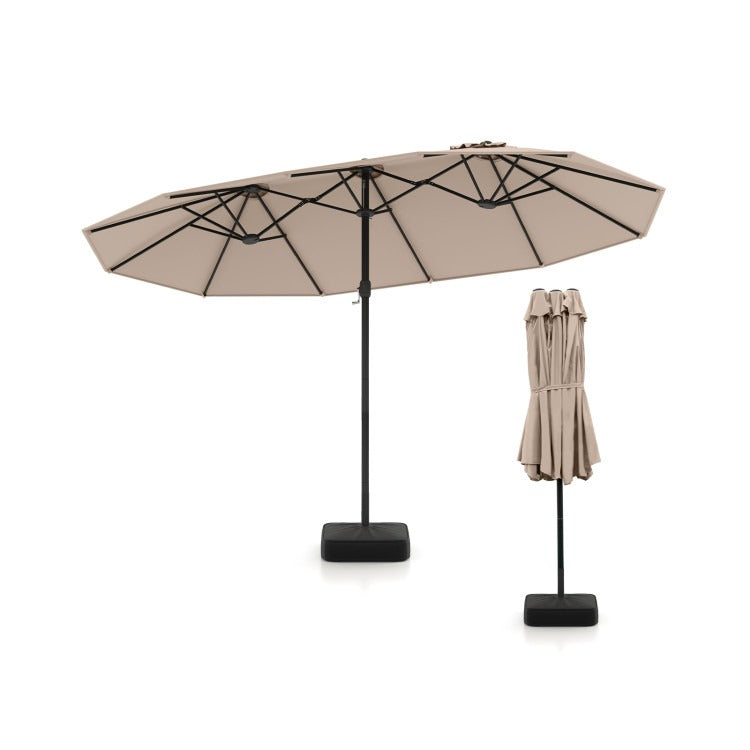 15/13FT Twin Patio Double-Sided Umbrella 48 Solar LED Lights Crank Outdoor
