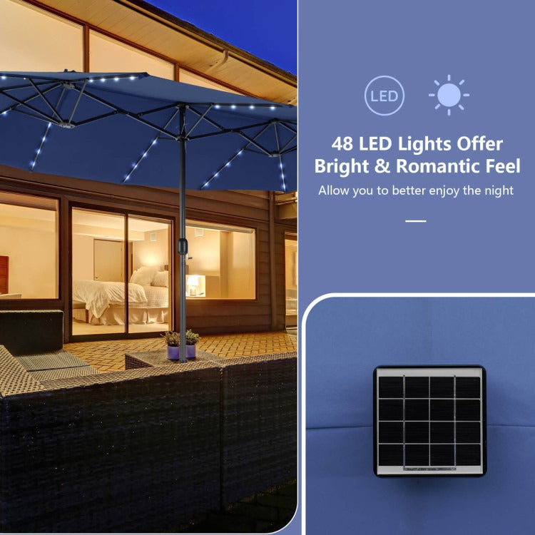 15/13FT Twin Patio Double-Sided Umbrella 48 Solar LED Lights Crank Outdoor
