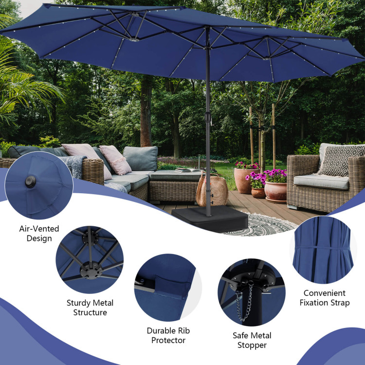 15/13FT Twin Patio Double-Sided Umbrella 48 Solar LED Lights Crank Outdoor