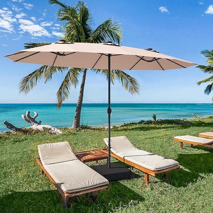 15/13FT Twin Patio Double-Sided Umbrella 48 Solar LED Lights Crank Outdoor