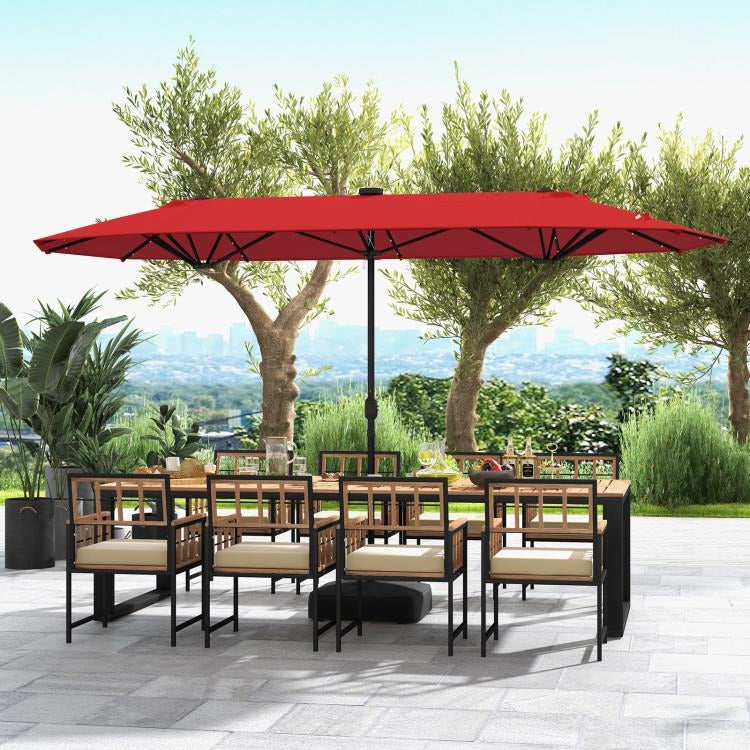 15/13FT Twin Patio Double-Sided Umbrella 48 Solar LED Lights Crank Outdoor