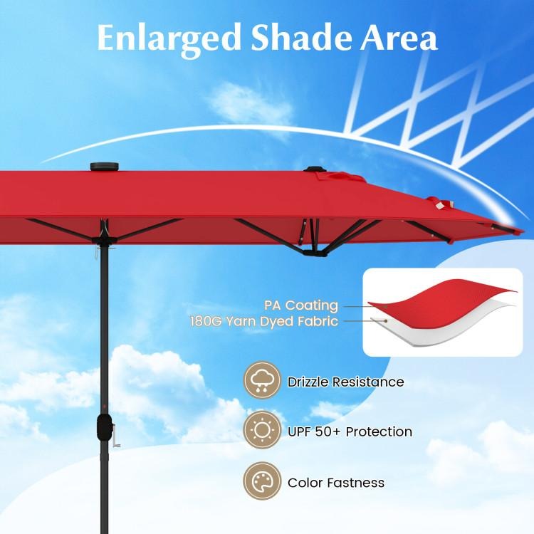15/13FT Twin Patio Double-Sided Umbrella 48 Solar LED Lights Crank Outdoor