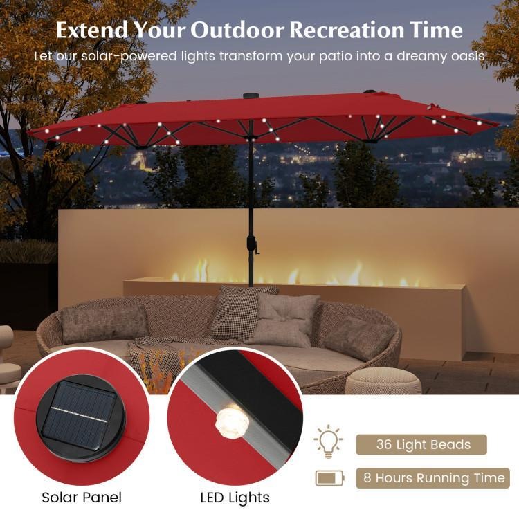 15/13FT Twin Patio Double-Sided Umbrella 48 Solar LED Lights Crank Outdoor