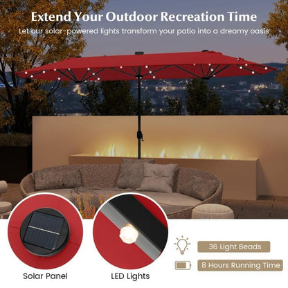 15/13FT Twin Patio Double-Sided Umbrella 48 Solar LED Lights Crank Outdoor