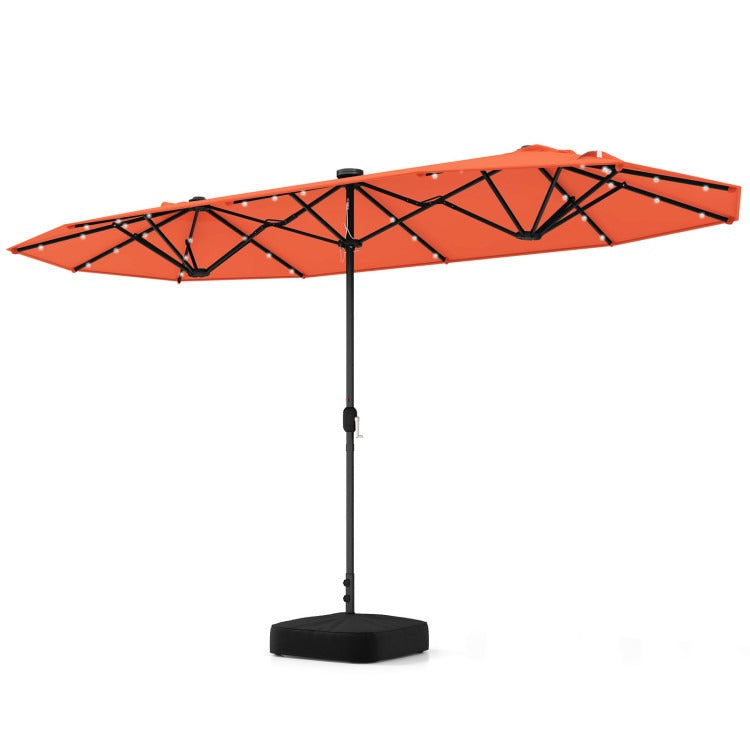 15/13FT Twin Patio Double-Sided Umbrella 48 Solar LED Lights Crank Outdoor