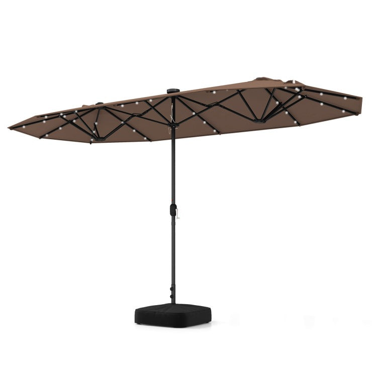 15/13FT Twin Patio Double-Sided Umbrella 48 Solar LED Lights Crank Outdoor