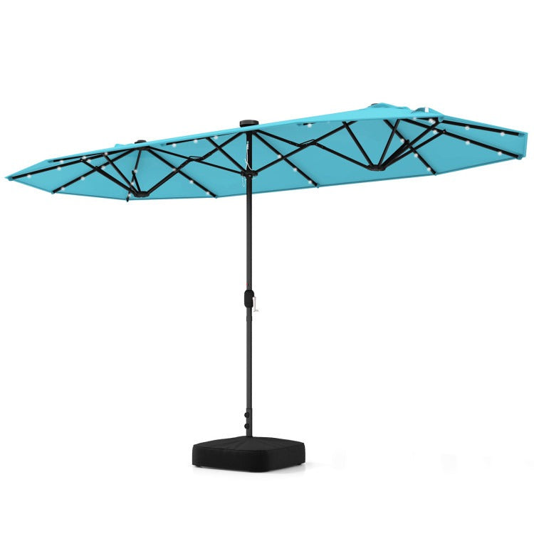 15/13FT Twin Patio Double-Sided Umbrella 48 Solar LED Lights Crank Outdoor