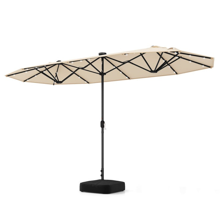 15/13FT Twin Patio Double-Sided Umbrella 48 Solar LED Lights Crank Outdoor