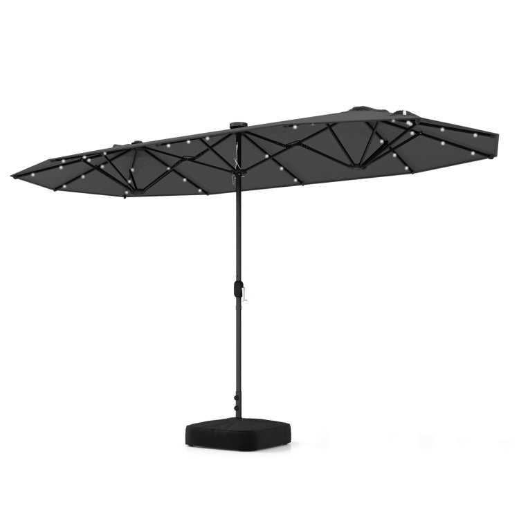 15/13FT Twin Patio Double-Sided Umbrella 48 Solar LED Lights Crank Outdoor