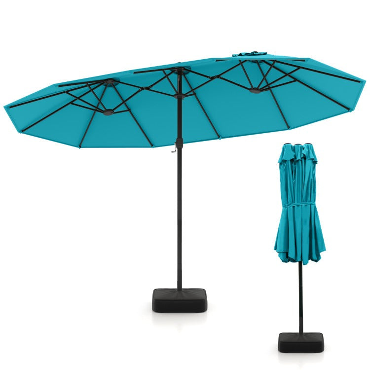 15/13FT Twin Patio Double-Sided Umbrella 48 Solar LED Lights Crank Outdoor