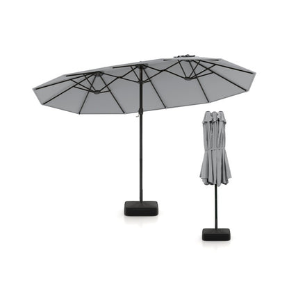 15/13FT Twin Patio Double-Sided Umbrella 48 Solar LED Lights Crank Outdoor