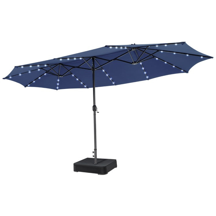 15/13FT Twin Patio Double-Sided Umbrella 48 Solar LED Lights Crank Outdoor