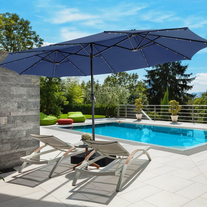 15/13FT Twin Patio Double-Sided Umbrella 48 Solar LED Lights Crank Outdoor