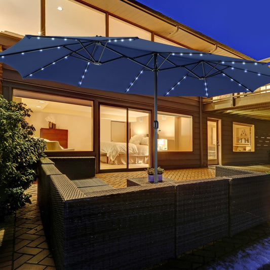 15/13FT Twin Patio Double-Sided Umbrella 48 Solar LED Lights Crank Outdoor