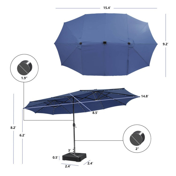 15/13FT Twin Patio Double-Sided Umbrella 48 Solar LED Lights Crank Outdoor