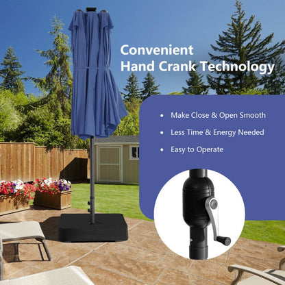 15/13FT Twin Patio Double-Sided Umbrella 48 Solar LED Lights Crank Outdoor