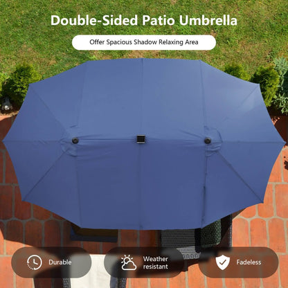 15/13FT Twin Patio Double-Sided Umbrella 48 Solar LED Lights Crank Outdoor