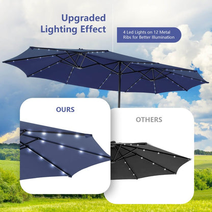15/13FT Twin Patio Double-Sided Umbrella 48 Solar LED Lights Crank Outdoor